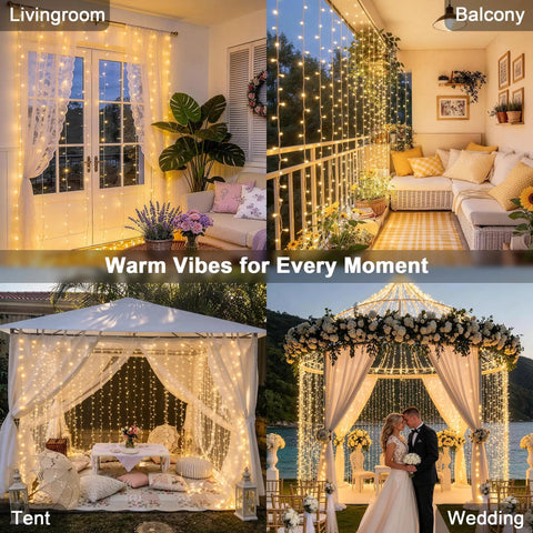 900 LED Outdoor Curtain Lights With Remote, shown on window, balcony, tent, and wedding decoration, warm white glow.