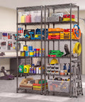 Heavy Duty Six Tier Metal Wire Shelving Rack With Rust Resistant Carbon Steel Frame filled with tools and supplies for garage organization.