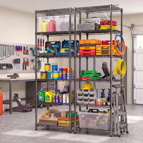 Heavy Duty Six Tier Metal Wire Shelving Rack With Rust Resistant Carbon Steel Frame filled with tools and supplies for garage organization.