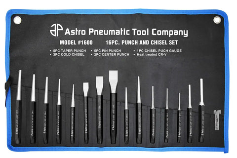 16 Piece Punch And Chisel Set With Taper Punches Cold Chisels And Pin Punches displayed in storage case