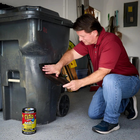 Man applying thick rubberized waterproof tape to patch a trash bin, visible can labeled 'Flex Tape Max', camera view is side angle.