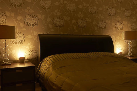 Plug In Wall Sconce Uplighter With GU10 Spotlight Wash Light, Touch Button Base, cozy glow in bedroom setting, no LED bulb