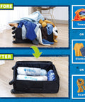 Before and after using Travel Compression Bags 12-Piece Set with no vacuum, showing organized luggage with clothing and scarves.