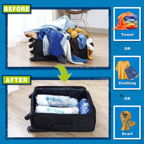 Before and after using Travel Compression Bags 12-Piece Set with no vacuum, showing organized luggage with clothing and scarves.