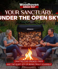 Couple sitting by fire with Heavy Duty Firewood Rack For Indoor Outdoor Use, 3-Foot Tall Steel Log Storage Stand With Weather Cover.