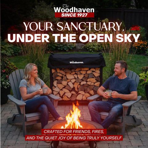 Couple sitting by fire with Heavy Duty Firewood Rack For Indoor Outdoor Use, 3-Foot Tall Steel Log Storage Stand With Weather Cover.