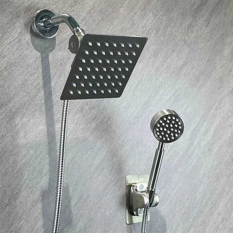 6 Inch High Pressure Rainfall Shower Head With Handheld, Stainless Steel Square Chrome Shower Head and Hose, wall mounted