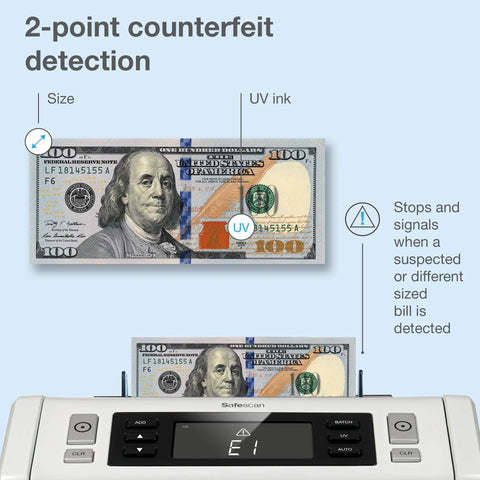 Ultra Fast Money Counter With 2 Point Counterfeit Check Multicurrency Support, LCD display, 100-dollar bill detection view