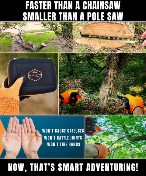 Image collage of 53 Inch Limb Rope Saw For Quick Clean Cuts No Ladder Needed 360 Rope Chain Saw Sharp Manual Tree Cutter with case.