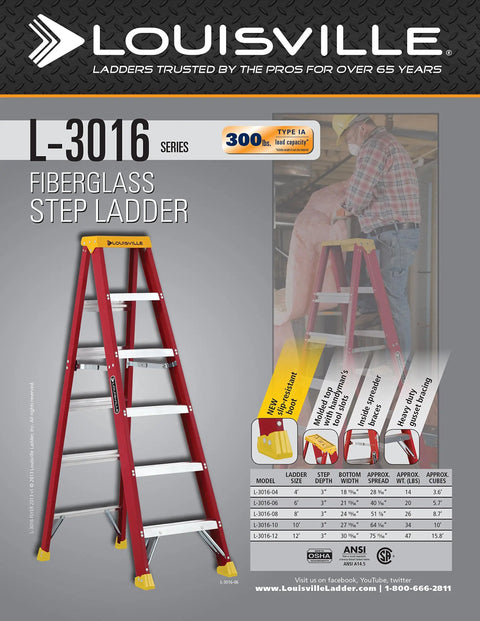 Non Conductive Fiberglass Step Ladder Four Feet, 300 Pound Capacity, Type IA Safety Rated with non slip feet shown in product display