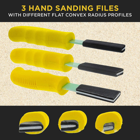 Three Piece Pro Grade Contour Hand Sanding Block Set With Hook And Loop Sandpaper Kit Includes Flat Convex Radius Shapes