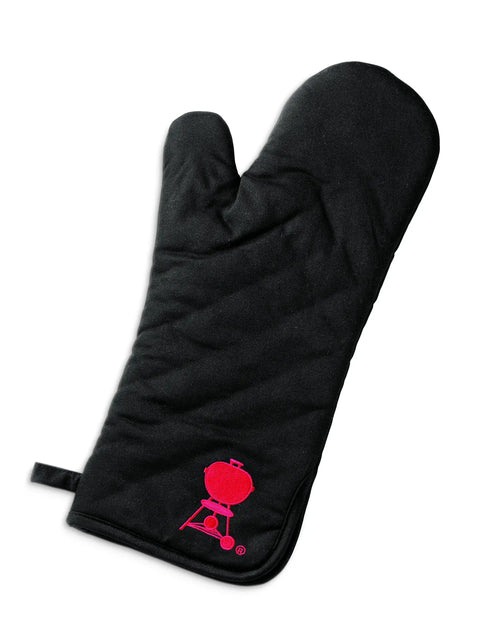 Barbecue Grill Mitt Black Cotton with Red Kettle Embroidery Foldable Cuff One Size Fits Most Padded Heat Shield for Safe Grilling