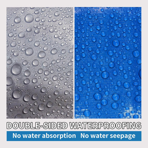 Water droplets on silver and blue surfaces of Two Pack 3 By 4 Feet Waterproof Tarp Set 7.5 Mil Heavy Duty Poly Tarpaulin. Double-sided protection.
