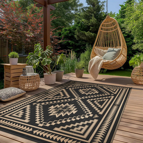 Reversible Waterproof Outdoor Rug 5x8 Ft for Patio Deck with Black and Brown Geometric Pattern, shown on a wooden deck with plants.