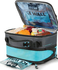 Heavy Duty Expandable Lunch Pack With Dual Food Containers And Pro Grade Ice Walls For Hella Superior Cooling And Zero Leak Stress In Smooth Black And Blue Travel Bag showing open top with food.