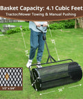 Man using 36 Inch Towable Compost Spreader with Black Metal Mesh Roller for Topsoil Mulch Manure and Peat Moss No Fuss Assembly