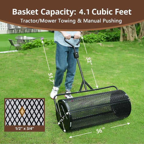 Man using 36 Inch Towable Compost Spreader with Black Metal Mesh Roller for Topsoil Mulch Manure and Peat Moss No Fuss Assembly