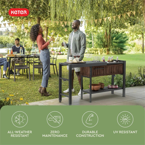 Extendable Outdoor Bar Cart With Hidden Cooler And Prep Surface in garden setting with people entertaining.