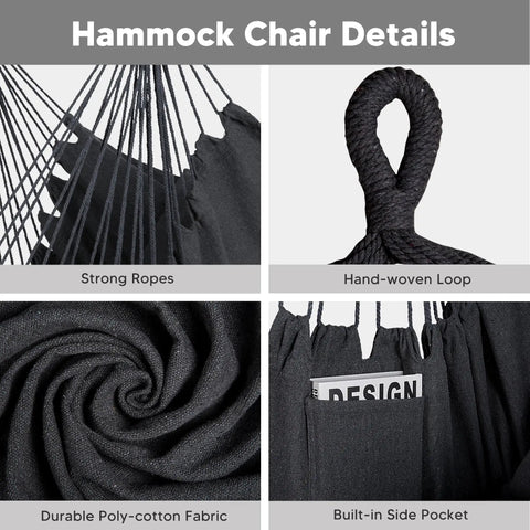 Close-up of 2-In-1 Convertible Backyard Hammock With Stand And Chair showing strong ropes, hand-woven loop, poly-cotton fabric, and pocket.