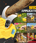 Electric Pruning Shears For DeWalt 20V Battery Compatibility in use, cutting branches and fruits, showing LCD and blades.