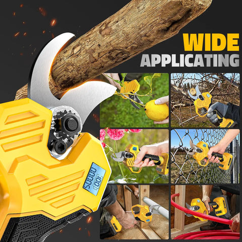 Electric Pruning Shears For DeWalt 20V Battery Compatibility in use, cutting branches and fruits, showing LCD and blades.
