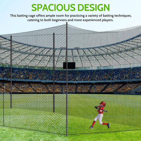 Backyard Batting Cage Net 55 Feet for Baseball and Softball Enclosed Training Heavy Duty Outdoor Pitching and Team Practice Net Only Weather Resistant Black, showing spacious design with player inside.