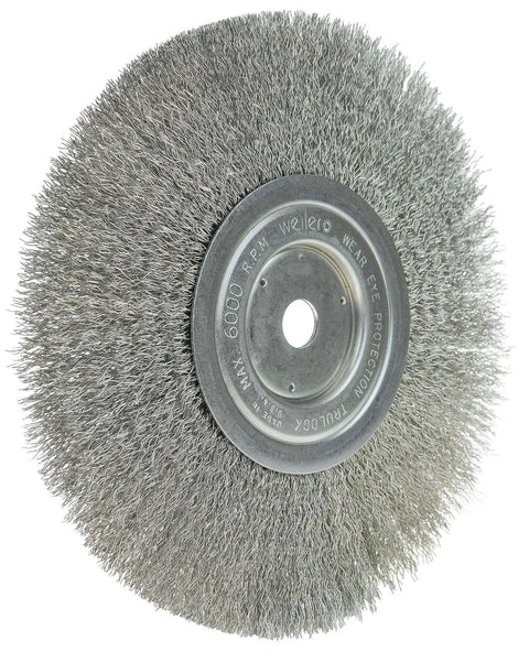 8 Inch Narrow Face Crimped Wire Wheel With Stainless Steel Fill For Bench And Angle Grinders Five Eighth Inch Arbor Made In The USA Delivers Smooth Consistent Brushing While Reducing Wire Fatigue And Breakage