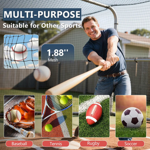Man using Batting Cage Net Only 55 Ft Long By 35 Ft Wide By 20 Ft High Fully Enclosed Baseball And Softball Cage Netting With Door