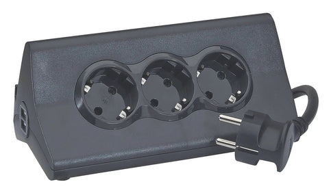 Kickstart Your Workspace Game With This Solid Three Outlet Power Strip And Dual Usb Charging Station showing three AC sockets and power cord.