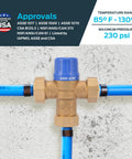Front view of Cash Acme HG110 3/4 in brass thermostatic mixing valve with blue knob and barb connections on blue PEX tubing