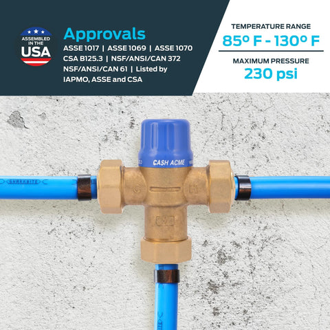 Front view of Cash Acme HG110 3/4 in brass thermostatic mixing valve with blue knob and barb connections on blue PEX tubing