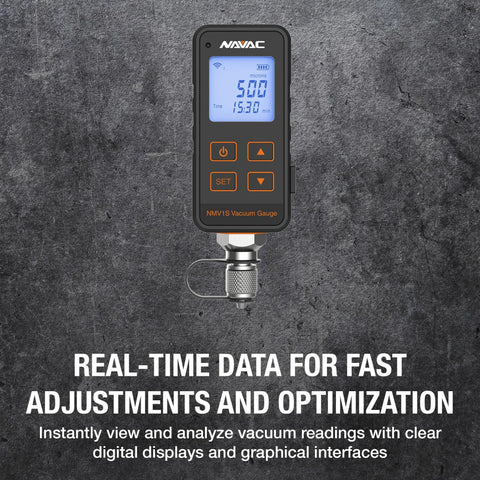Navac NMV1S vacuum gauge with large backlit display; black housing and orange control buttons for HVAC use