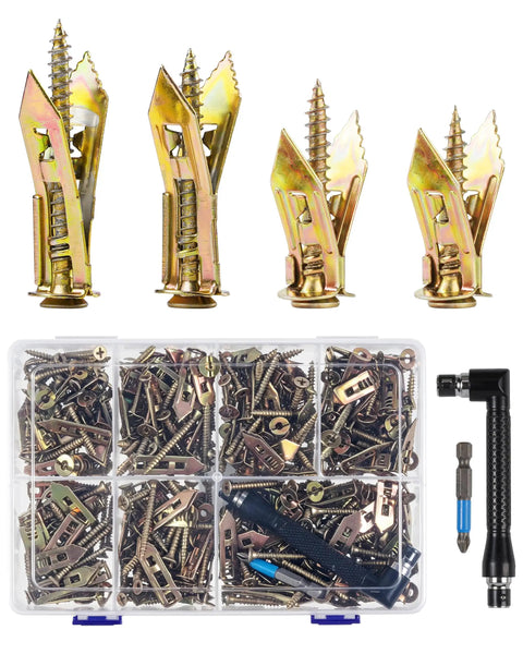 Self Drilling Drywall Anchor Kit With Screws Heavy Duty Zinc Alloy Hollow Wall Anchors For Sheetrock Plasterboard No Drill Self Tapping Anchors Set 420 Pieces Four Length Options For Thick Or Thin Fixtures kit with assorted anchors, screws, and drill bit
