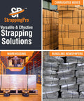 Heavy Duty Polypropylene Strapping Roll Half Inch Wide Three Hundred Pound Breaking Strength Embossed Plastic Banding For Warehouse Shipping And Logistics Teams Seeking Built Tough Seals And Straight Up No Stress Packing Solutions with packaged boxes and warehouse setting.