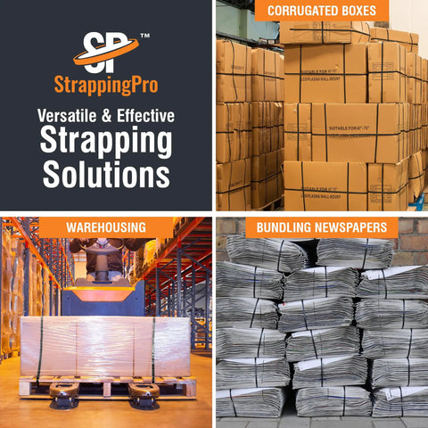 Heavy Duty Polypropylene Strapping Roll Half Inch Wide Three Hundred Pound Breaking Strength Embossed Plastic Banding For Warehouse Shipping And Logistics Teams Seeking Built Tough Seals And Straight Up No Stress Packing Solutions with packaged boxes and warehouse setting.