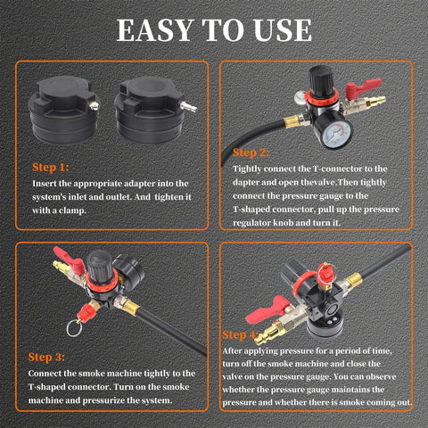 Yuesstloo 19-piece turbo leak tester kit with pressure gauge; front view showing adapters, T-connector, and hoses