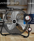 20 Inch Black High Velocity Wall Mount Fan With Pivoting Head, Three Speed Settings shown on floor with functional design