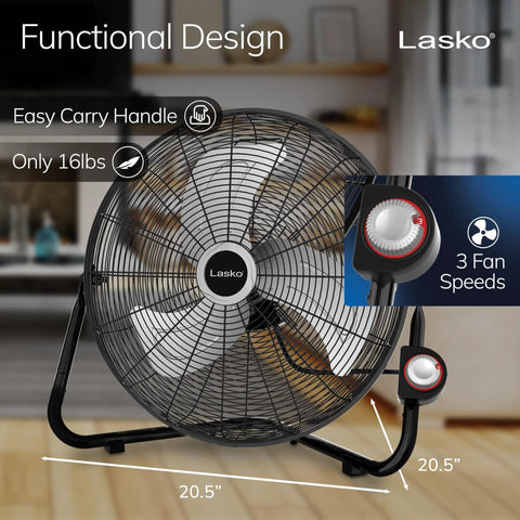 20 Inch Black High Velocity Wall Mount Fan With Pivoting Head, Three Speed Settings shown on floor with functional design