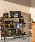 All In One Power Tool Organizer Cart With 4 Tier And Rolling Wheels, Heavy Duty Tool Storage Stand With Side Pockets And Drill Holder Layer, Garage Floor Organizer, Gift For Men And Home Pros in a garage setting with tools displayed.
