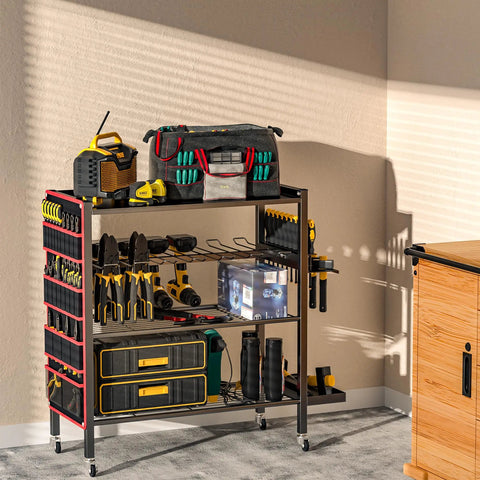 All In One Power Tool Organizer Cart With 4 Tier And Rolling Wheels, Heavy Duty Tool Storage Stand With Side Pockets And Drill Holder Layer, Garage Floor Organizer, Gift For Men And Home Pros in a garage setting with tools displayed.