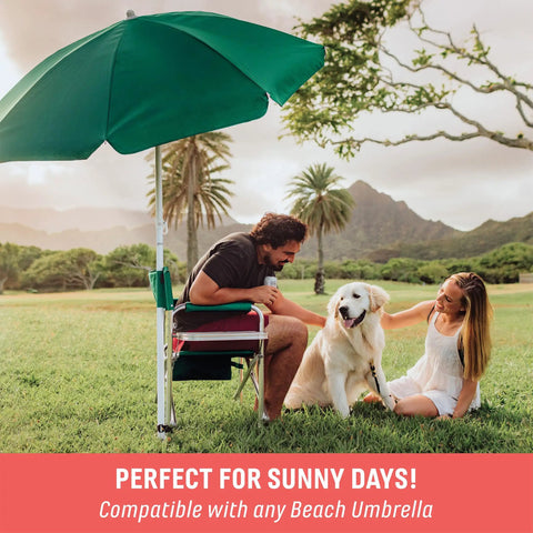 Director Style Outdoor Chair With Side Table And Armrest Caddy set in a grassy field with beach umbrella, man and woman, dog nearby