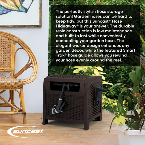 Brown outdoor box-style hose reel with Smart Trak hose guide, durable resin construction, garden setting, 225 ft capacity.