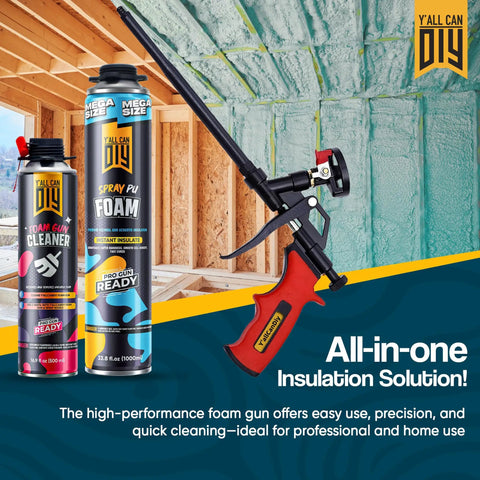 36 Cans Spray Foam Insulation Kit For Walls And Attic With Gun, Cleaner, Safety Gear, 720 Board Feet Coverage shown with foam gun