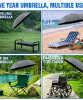 Collage showing 42 Inch Garden Chair Umbrella With Universal Clamp on bench, beach chair, camping chair, and wheelchair.