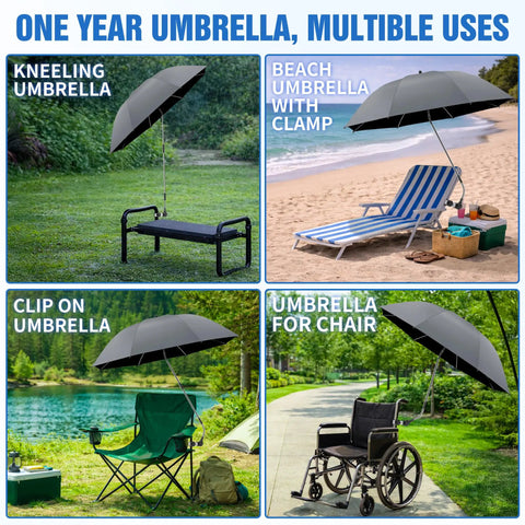 Collage showing 42 Inch Garden Chair Umbrella With Universal Clamp on bench, beach chair, camping chair, and wheelchair.