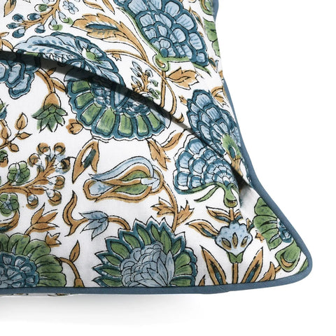 Block Print Asparagus Green Pillow Covers 16x16 Set of 2, folded cotton pillow cover with floral pattern
