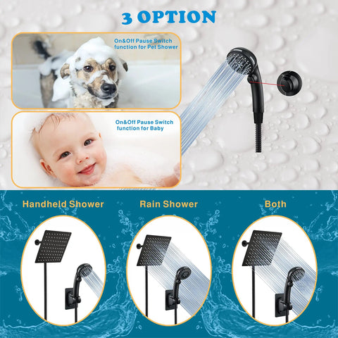 High Pressure 8 Inch Square Rain Shower Head With Handheld, 304 Stainless Steel, Matte Black Finish, Pause On Off Switch, wall mount