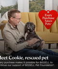 A man sitting on a yellow couch with a rescued dog named Cookie, promoting pet adoption and support for pet foundation.