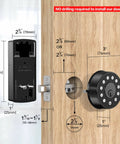 Installation diagram showing dimensions for Keyless Deadbolt Smart Door Lock For Front Door With Code And Fob Access App Control Auto Lock Easy Install Weatherproof Ideal For Airbnb Hosts And Homeowners.