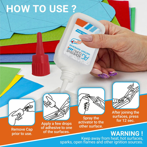 Front view: Adhesive Guru CA Glue with Activator bottle and red cap for DIY crafts.